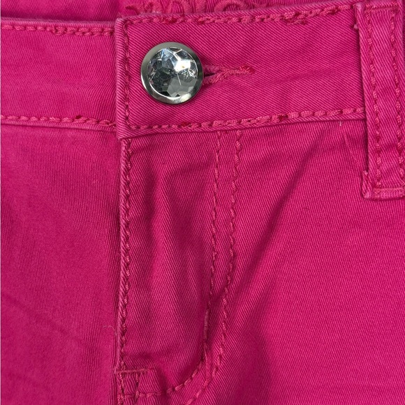 REIGN Hot Pink Distressed Stretchy Jean Shorts with Folded Hem & Rhinestones-9 - Picture 2 of 3